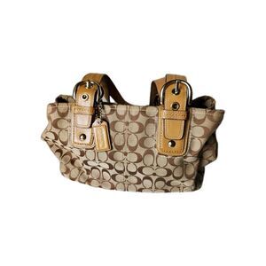 Coach Logo Brown Shoulder Purse Handbag Beige Double Straps Belt Buckle Vintage